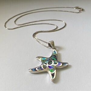 Vintage Sterling Silver Starfish Pendant Necklace with Abalone Shell Inlay